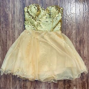 Gold Sequin Strapless Party Dress tulle padded formal homecoming grad whimsical